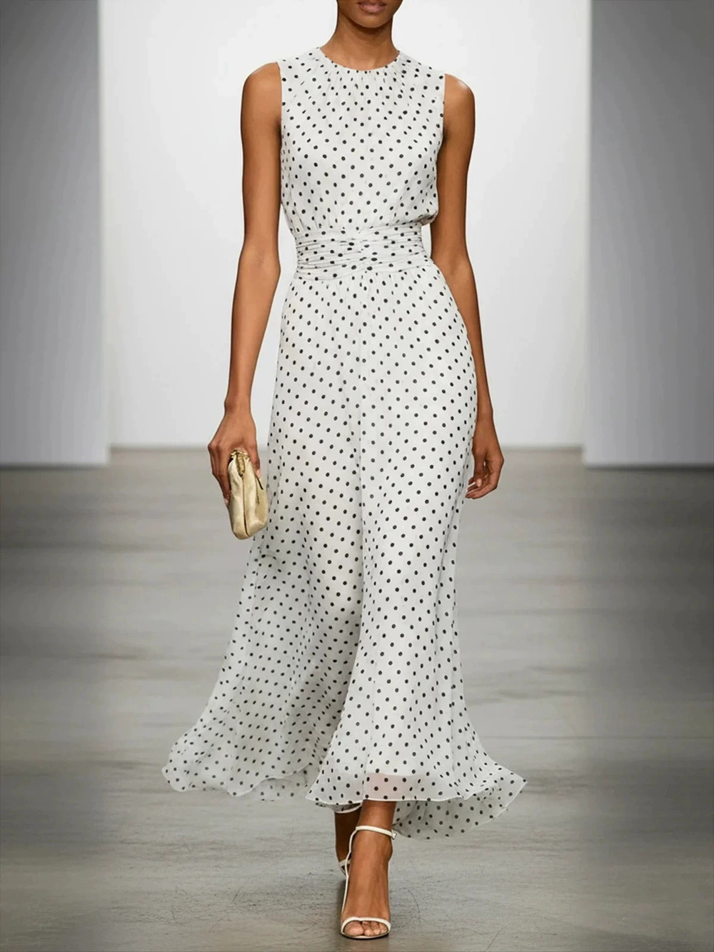 ZARA Womens Polka Dot Sleeveless French Waist Long Dress
